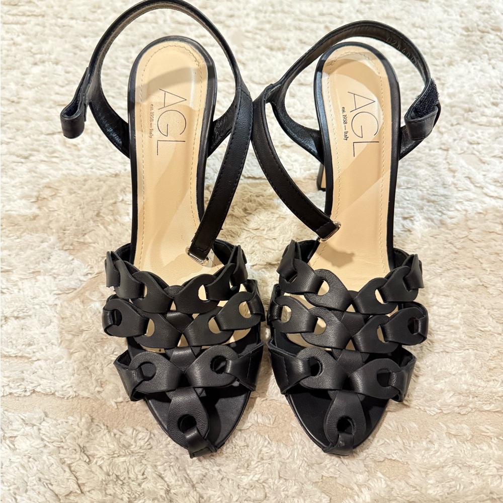 AGL Black Leather Strappy Sandals